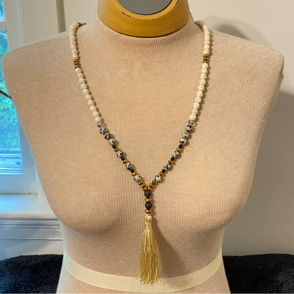 Semi-Precious Stones Long Y-Shaped Beaded Necklace with Tassel